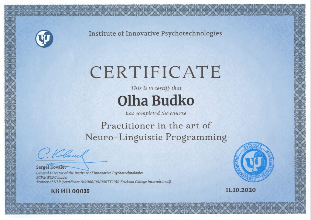 Practitioner in the art of Neuro-Linguistic Programming